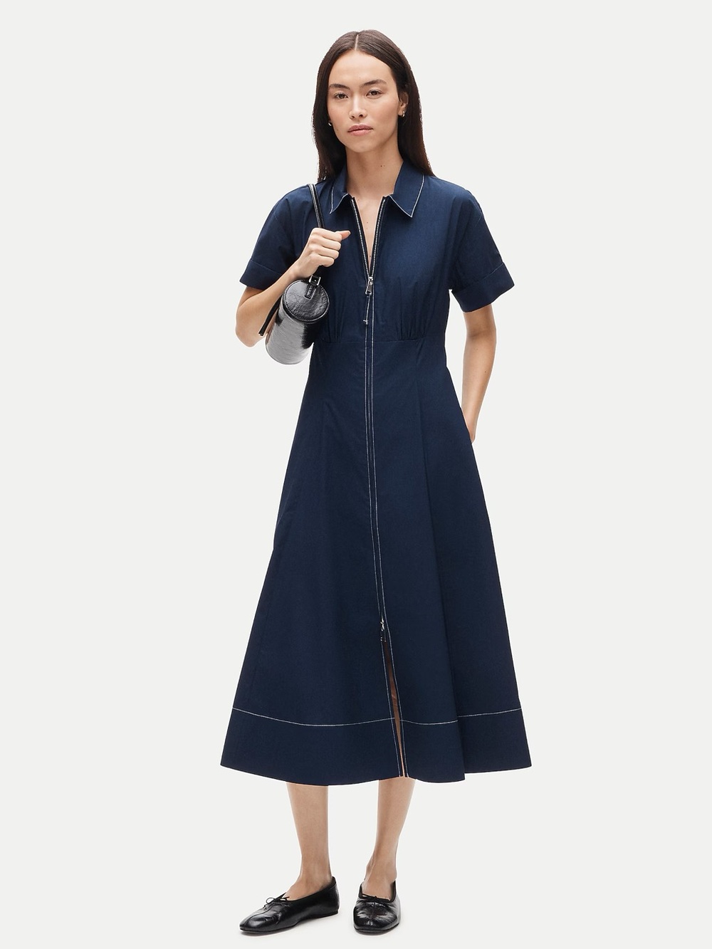 J.CREW Arden Midi Shirt-Dress Size 20 Navy Cotton Poplin Pockets Minimalist NWT